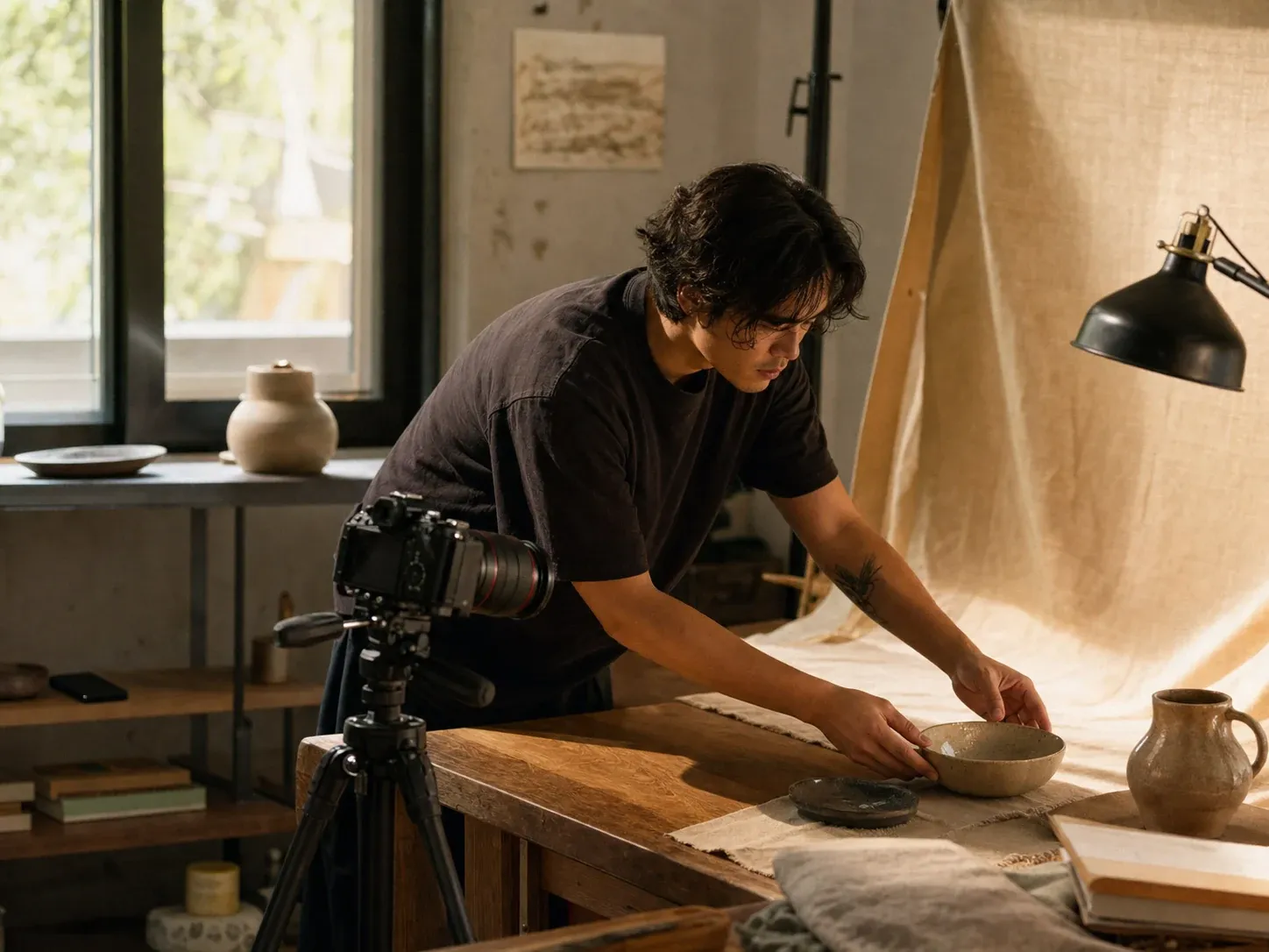 A creator arranging ceramics for a photo shoot in a warm home studio