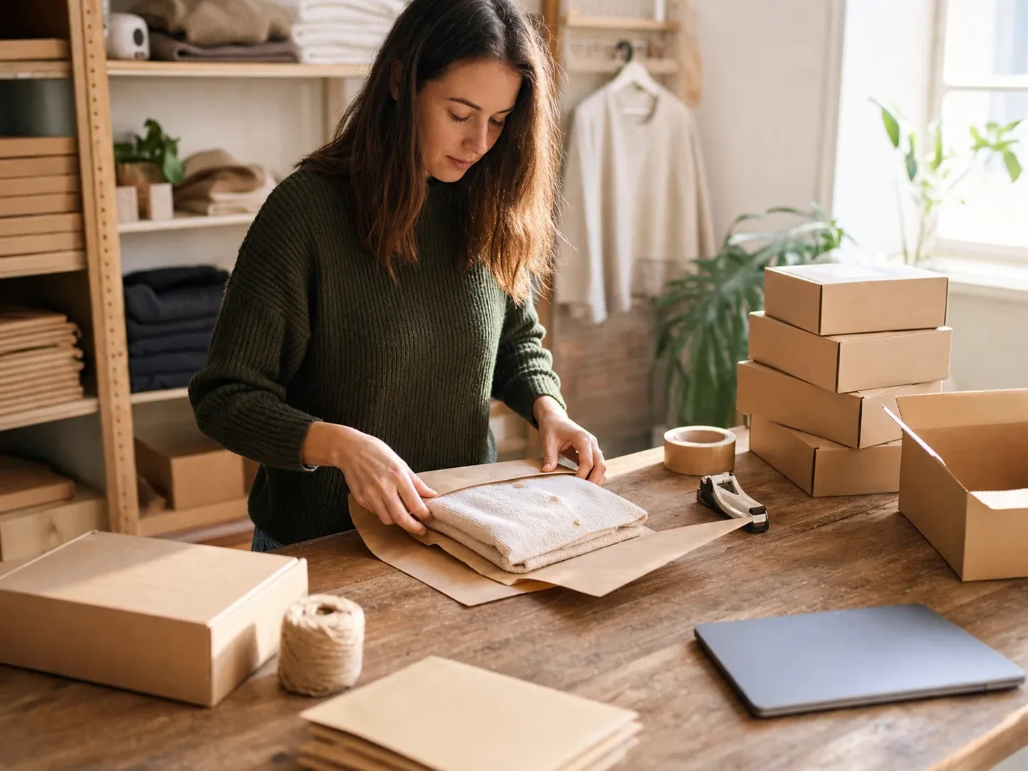 An online seller wrapping an order at a sunlit fulfillment worktable