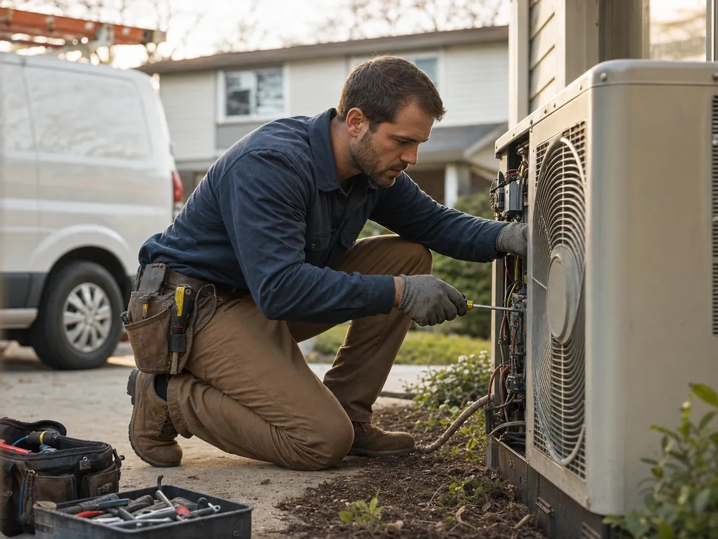 A service technician diagnosing an outdoor HVAC unit beside an unbranded work van